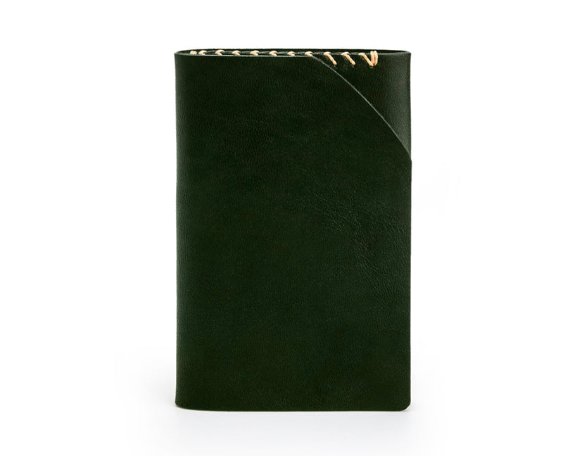 green folding wallet with contrast top stitching