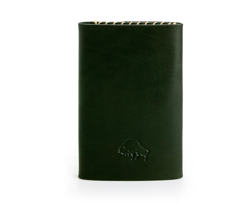 green leather wallet with buffalo logo detail