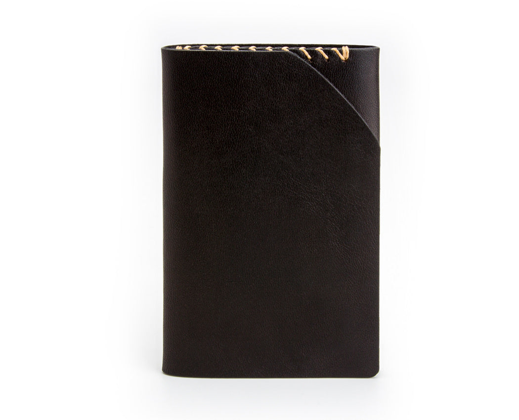 Black leather folding wallet with contrasting top stitching 