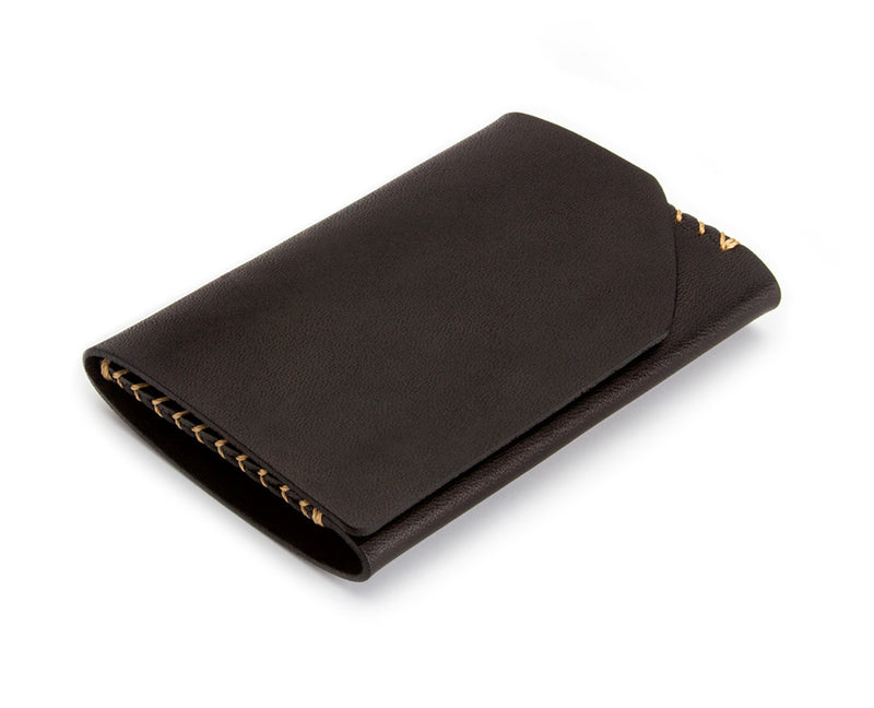 black leather compact folding wallet with side stitches