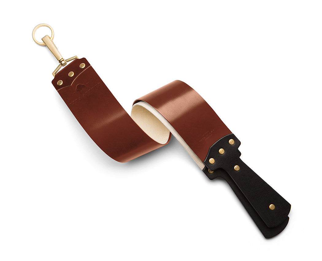 medium brown leather shaving strop with gold hardware