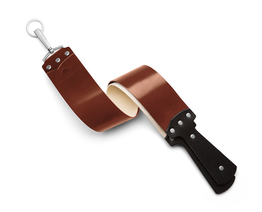 rich brown leather strop with nickel clip
