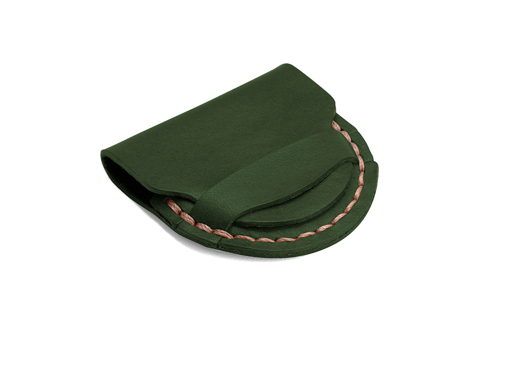 green leather coin pouch with contrasting stitching