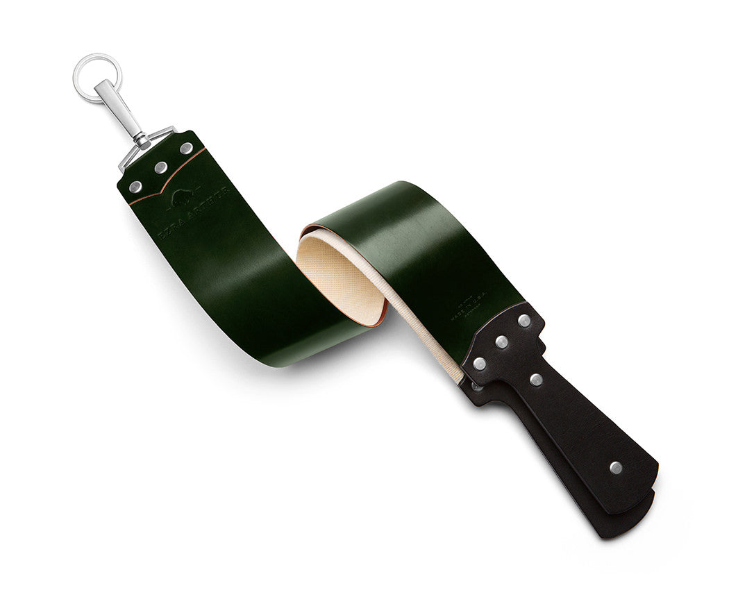 green leather strop with nickel accents