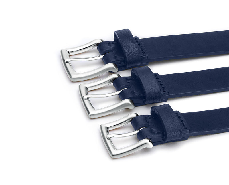 navy blue belt with silver belt buckle