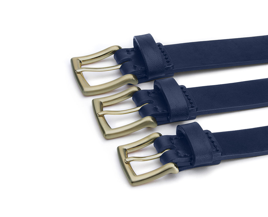 mens navy belt with brass buckle