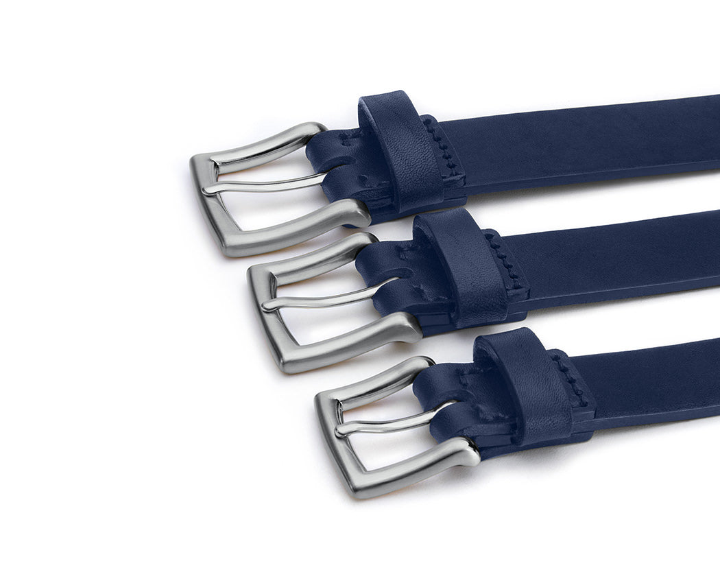 blue leather mens belt with nickel buckle