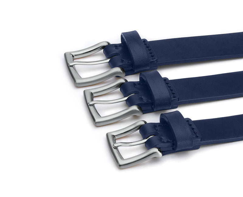 multiple navy leather belts