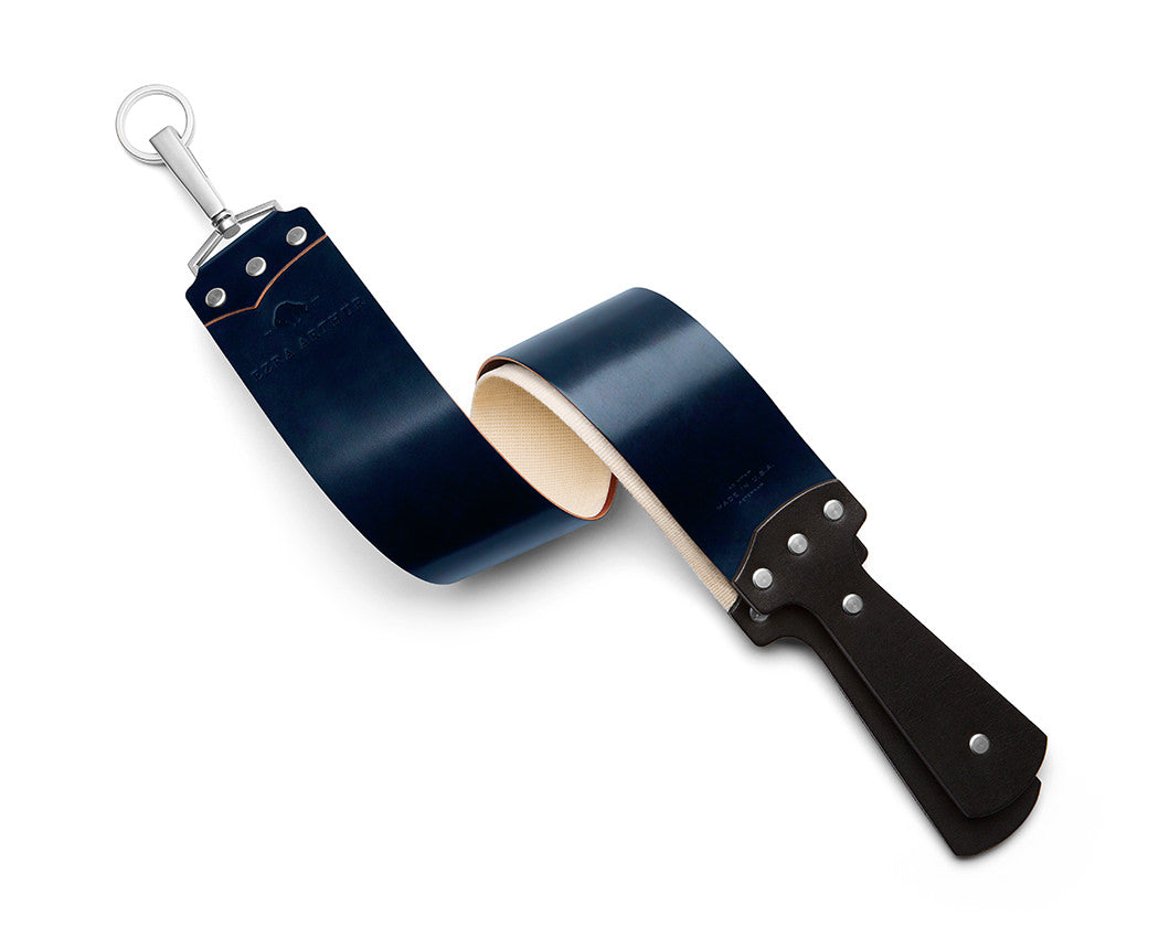 navy blue leather shaving strop with nickel hardware