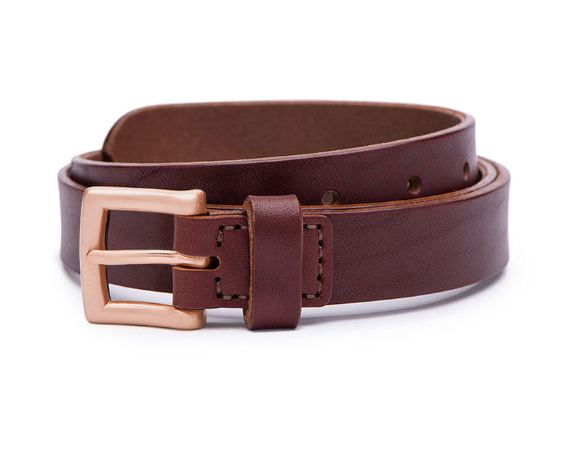 rich brown 25mm mens leather belt with rose gold buckle