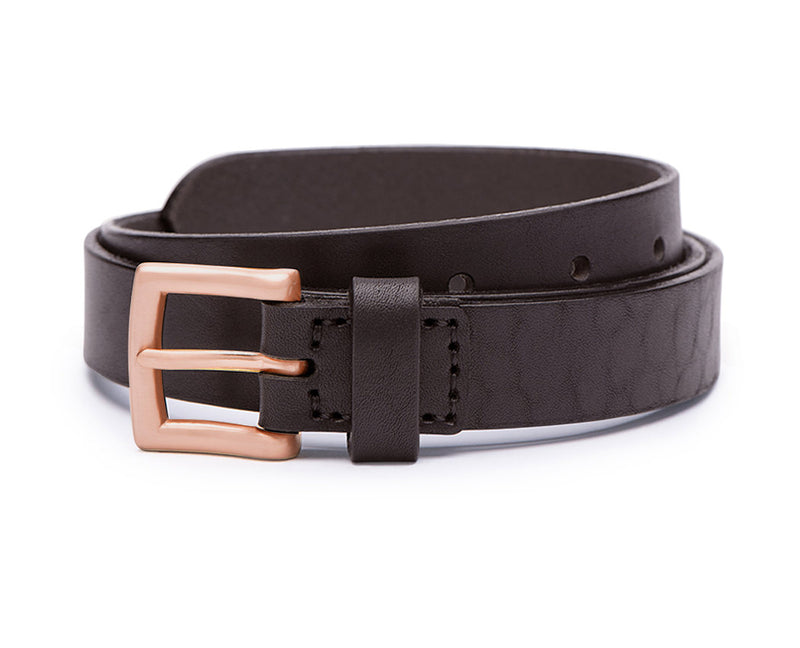 Mens brown leather 25mm belt with a rose gold buckle