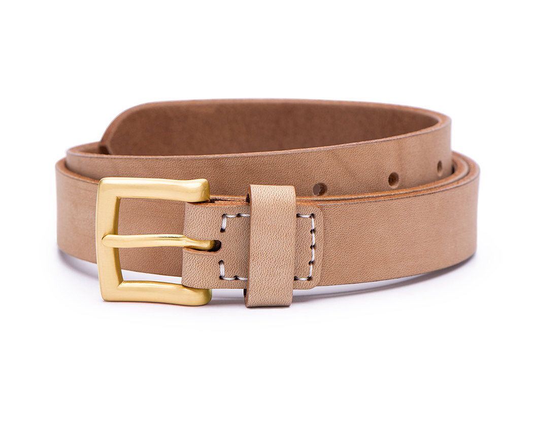 mens 25mm tan leather belt with yellow gold buckle