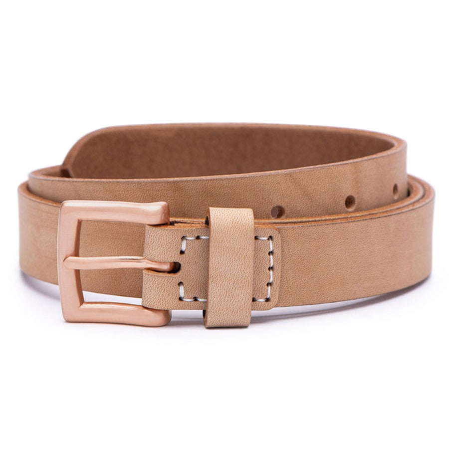 Mens tan leather 25mm belt with a rose gold buckle