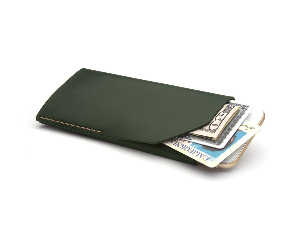 green leather smart phone wallet