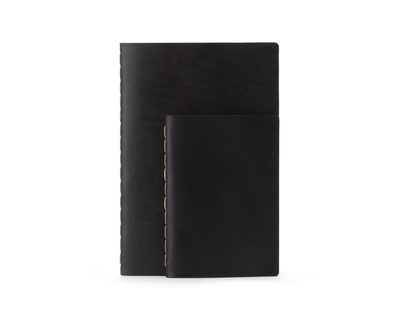 black Horween full grain leather notebook with contrast stitching
