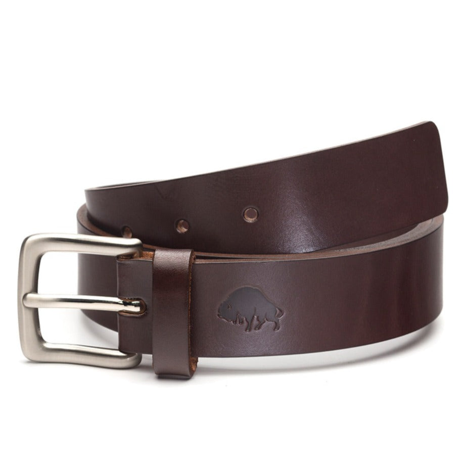 Thick brown leather belt with nickel buckle