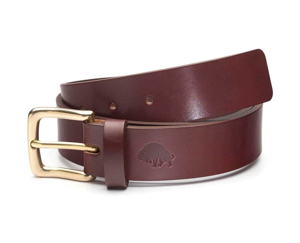 wide dark red leather belt with brass buckle