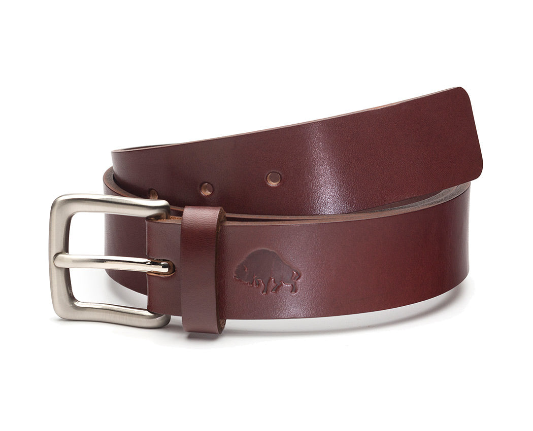 thick dark red leather belt with nickel buckle