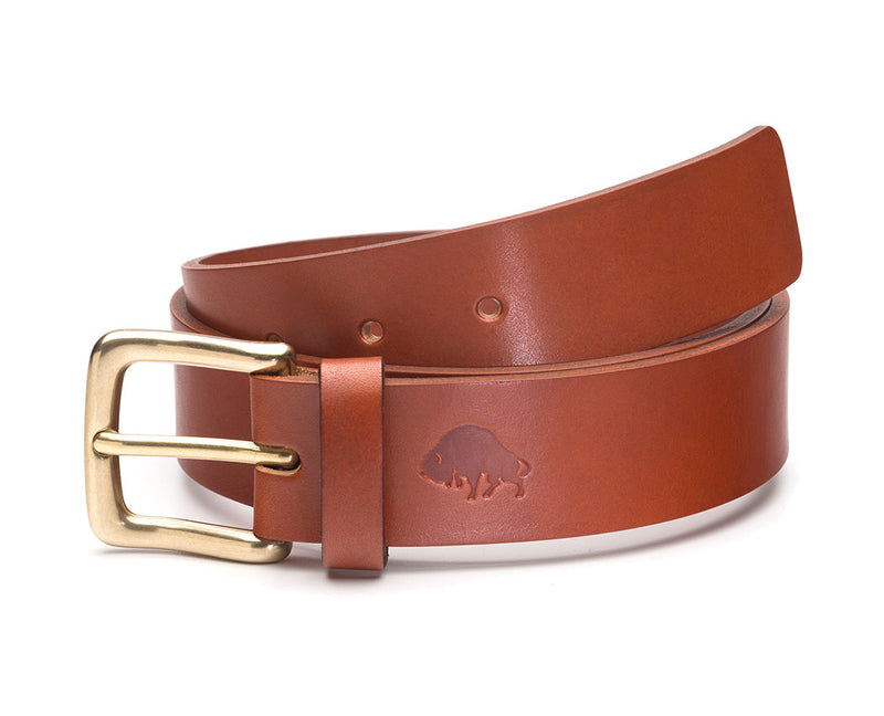 wide medium brown leather belt with brass buckle