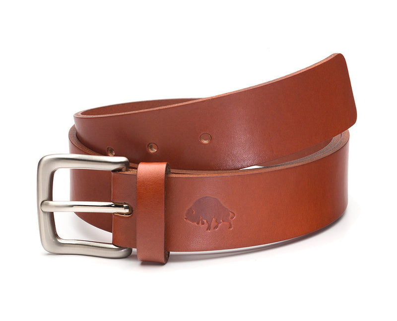 thick medium brown leather belt with nickel buckle