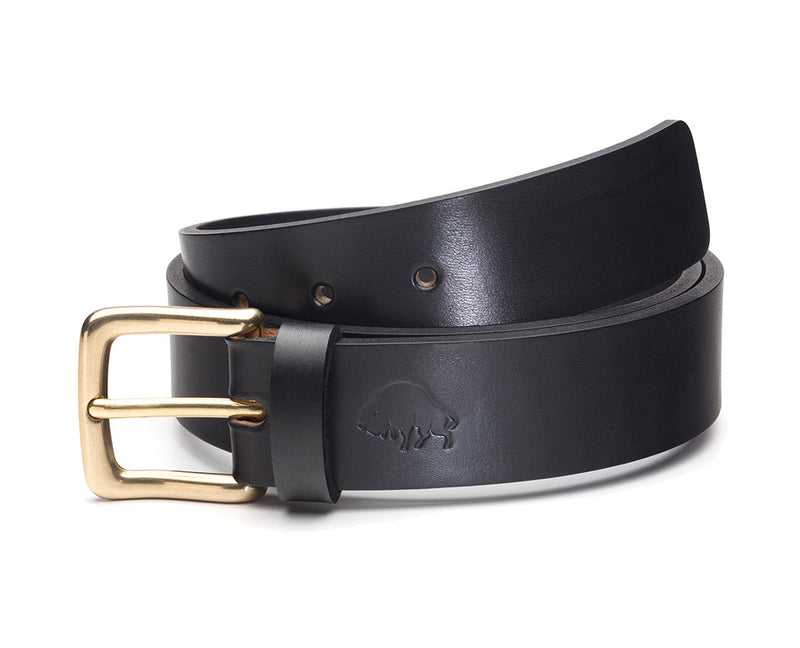 thick black leather belt with brass buckle