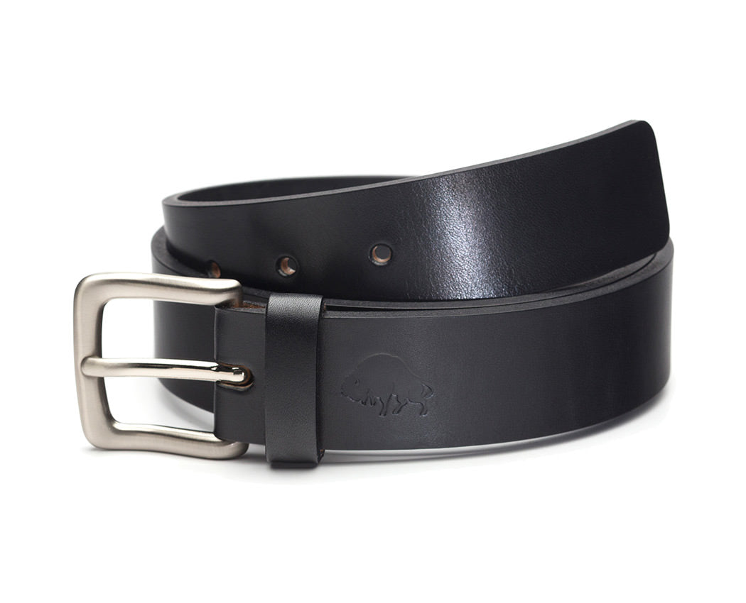 thick black leather belt with nickel buckle