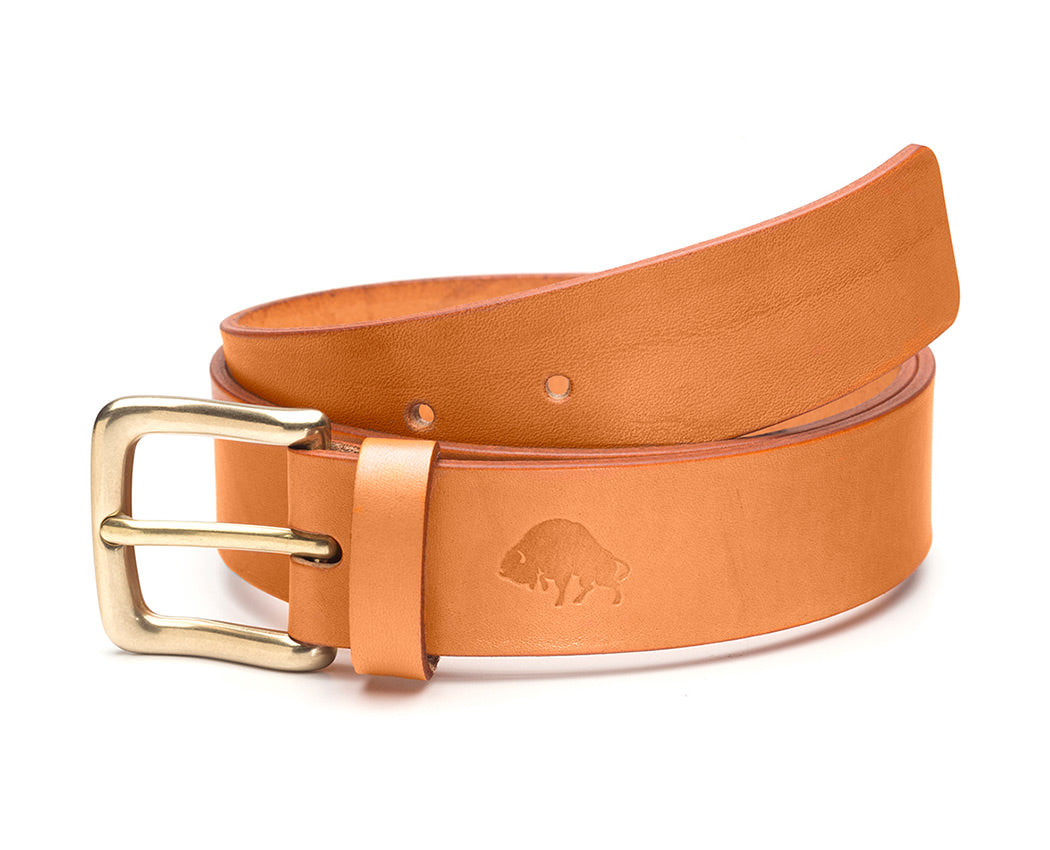 wide tan leather belt with brass buckle