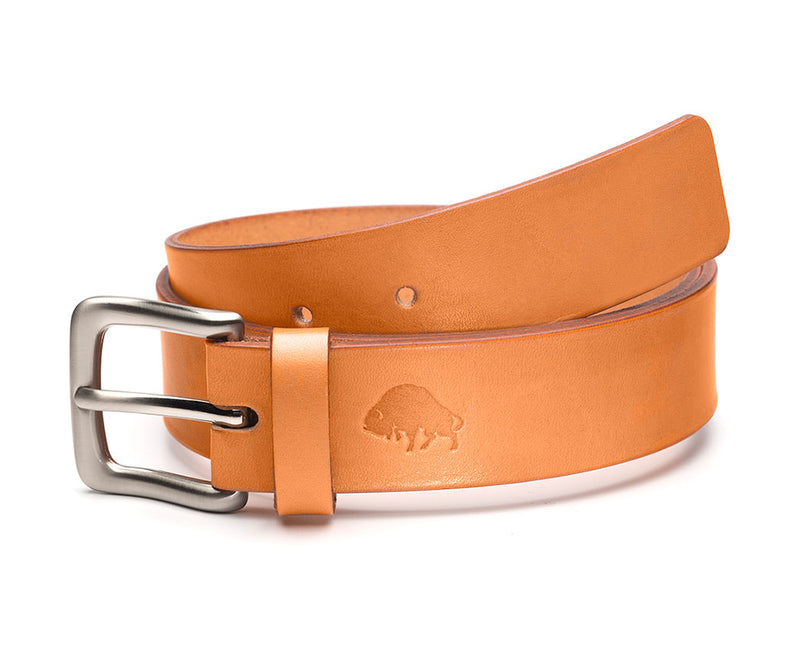 wide tan leather belt with nickel buckle