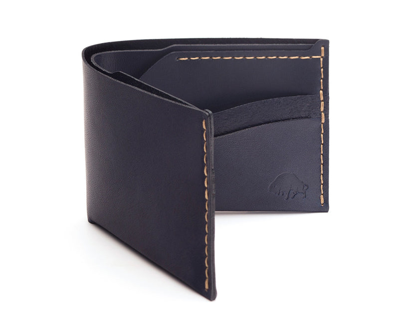 navy blue leather 2 fold wallet