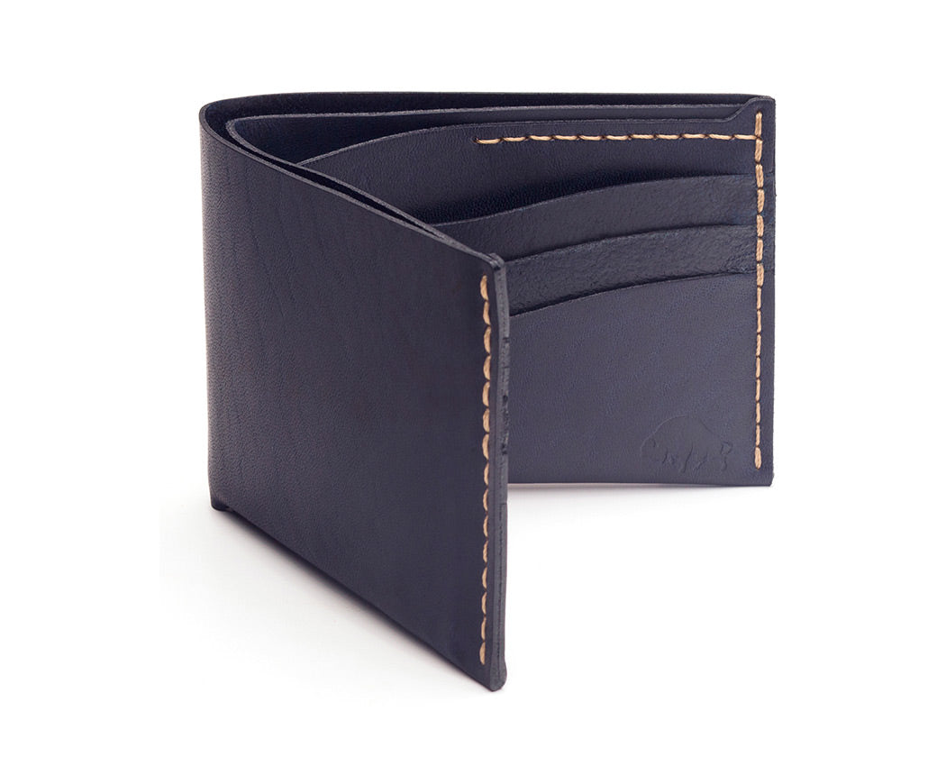 navy blue leather 2 fold wallet with contrast stitches